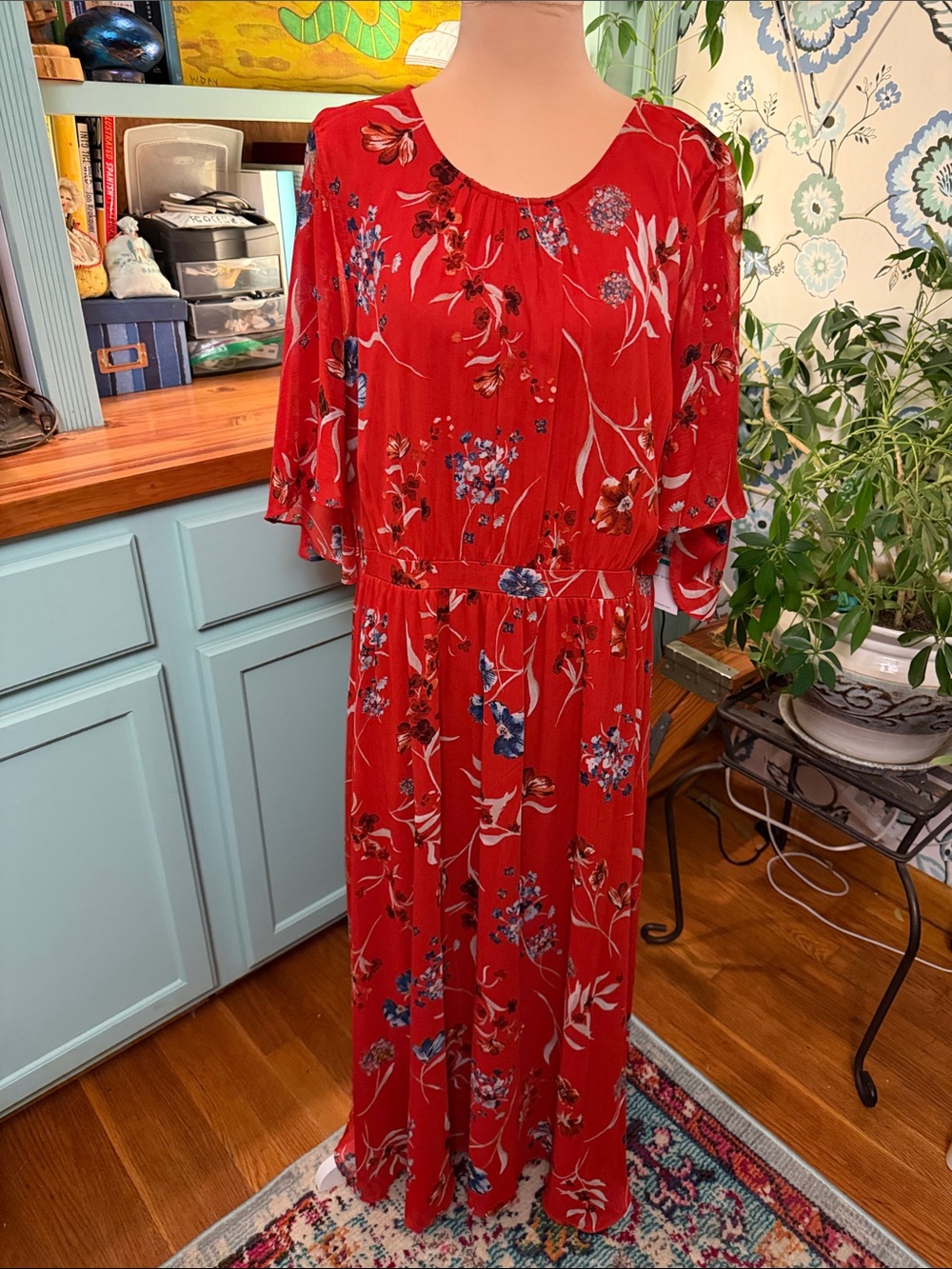 Calvin Klein Red Floral Fit & Flare Chiffon Maxi Dress - Size 16